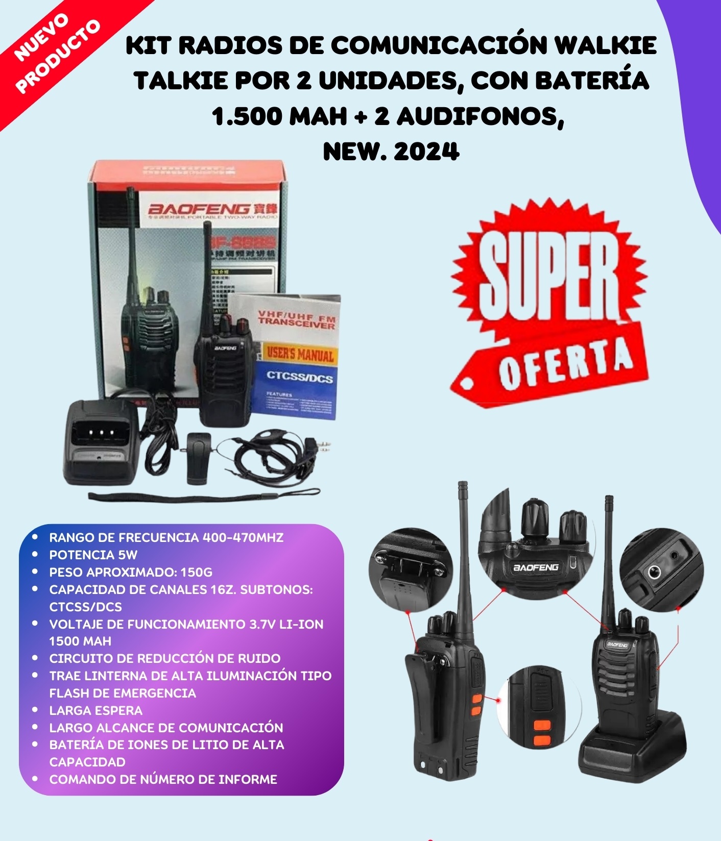 Miniatura 3 de Kit 2 Radios Comunicación Walkie Talkie